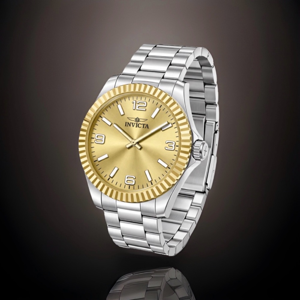 Invicta Specialty Men's 43MM Watch Gold Dial, Silver Metal Band Fluted Bezel-New